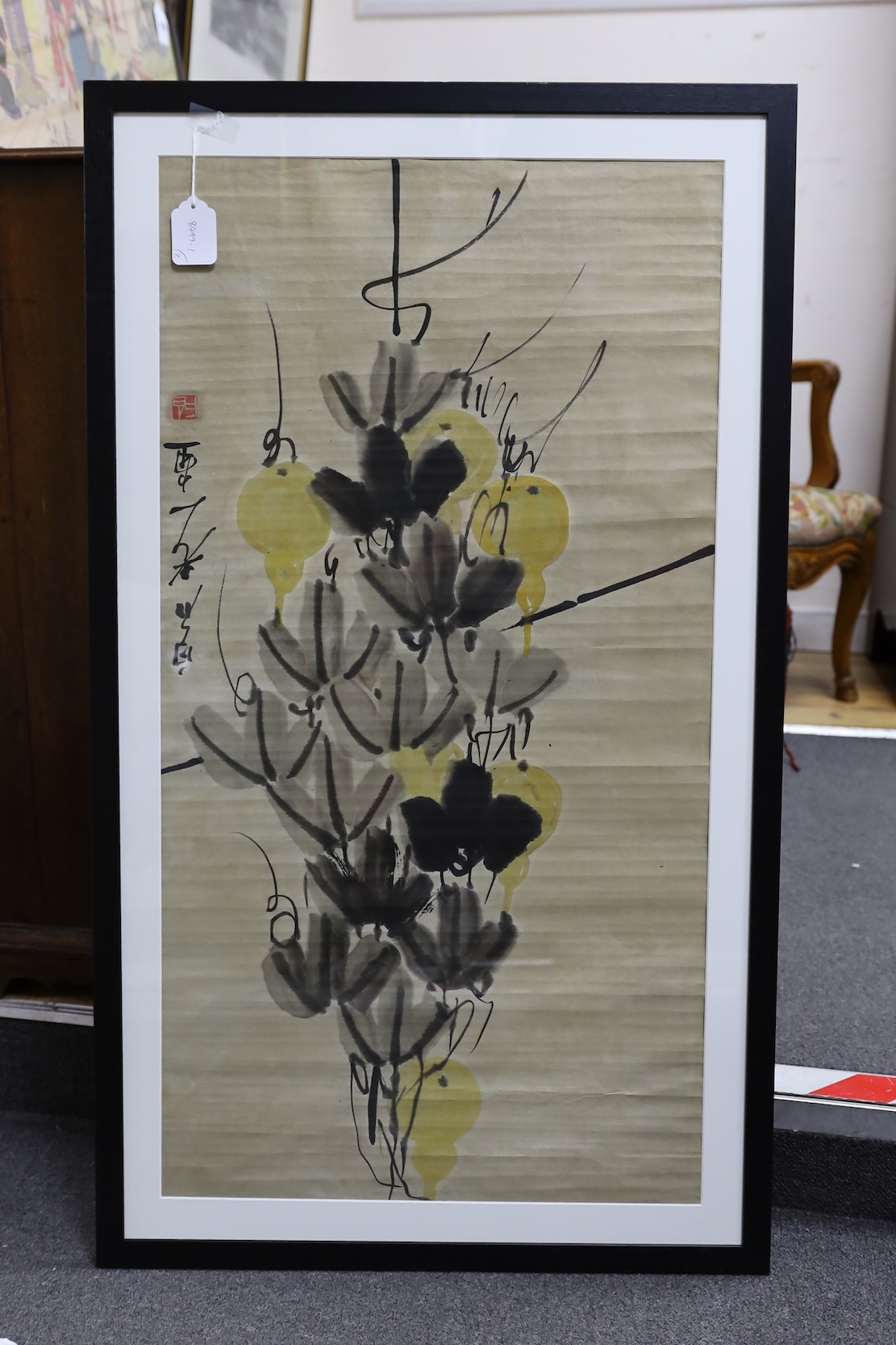 After Qi Baishi, woodblock print, Flowers and a Chinese painting of blue hibiscus, signed, 56 x 54cm and 89 x 47cm